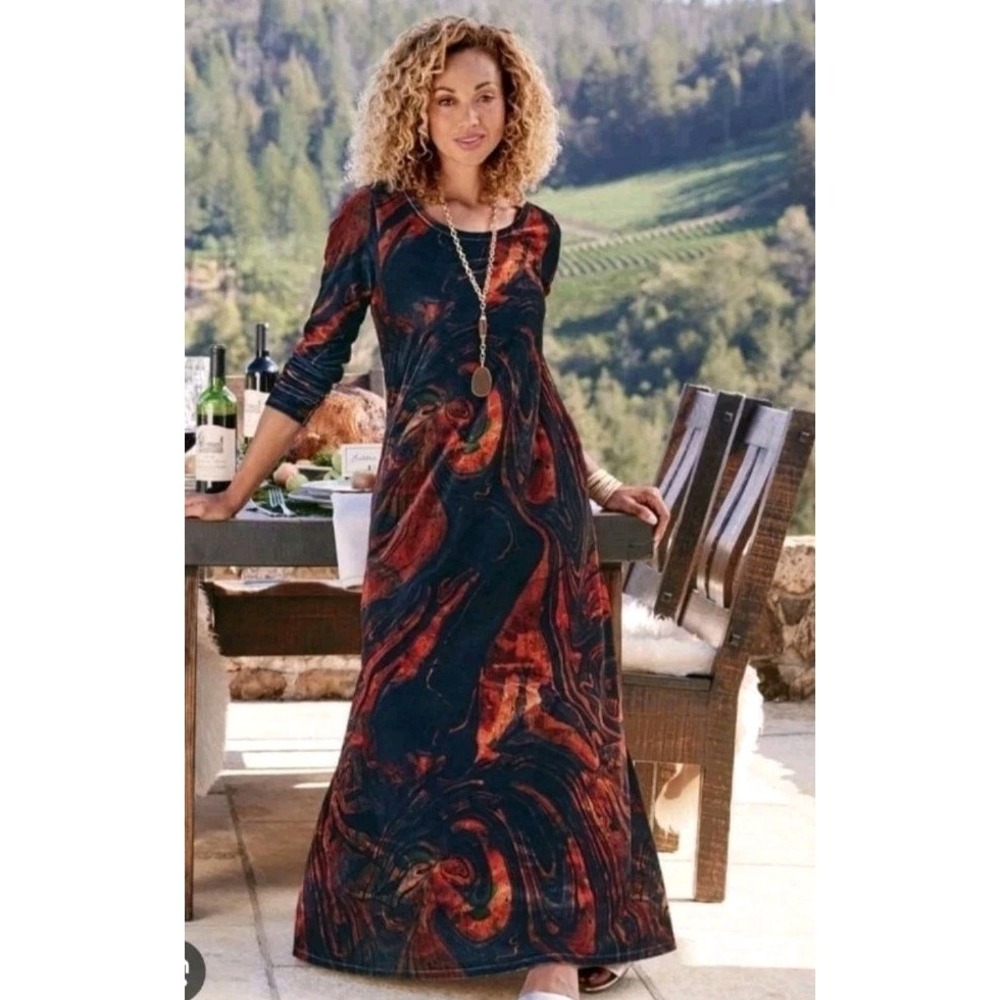 Soft Surroundings Velvet Maxi Dress S Artsy Marble Pockets Boho Long Sleeves - Picture 2 of 8